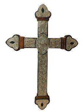Antique Ornate Wall Cross With Intricate Metal Engravings & Wooden Backing